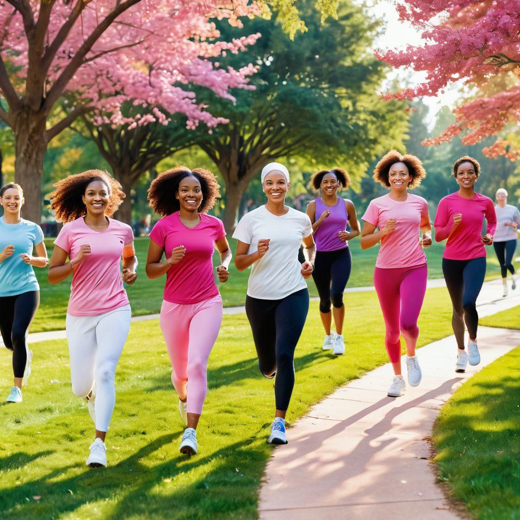 An uplifting scene featuring a diverse group of individuals engaged in healthy activities like jogging in a park, cooking nutritious meals together, and attending a support group session; vibrant colors and warm lighting create an empowering atmosphere, with subtle elements representing cancer awareness like pink ribbons and healthy food icons. super-realistic. vibrant colors. white background.