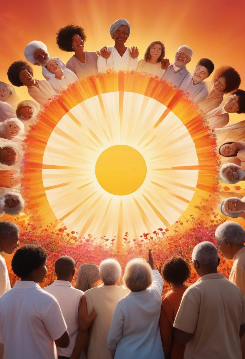 A diverse group of individuals of different ages and backgrounds gathered in a supportive circle, sharing stories and resources, with uplifting symbols of empowerment like a rising sun and blooming flowers in the background. Warm, inviting colors are used to evoke feelings of hope and solidarity. super-realistic. vibrant colors. soft focus.