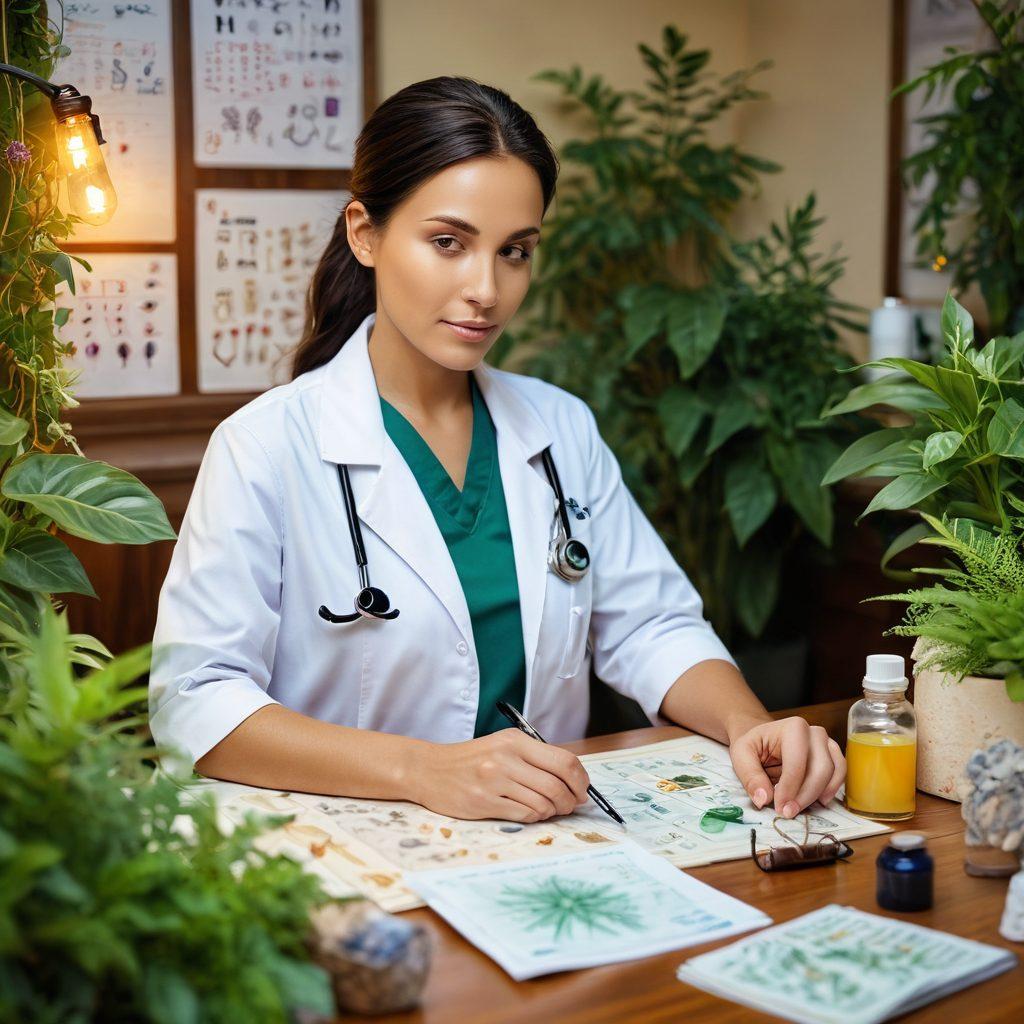 A harmonious blend of nature and medical symbols, showing a patient surrounded by green plants and holistic elements like crystals and essential oils, while a stethoscope and medical charts are visible in the background. The atmosphere conveys hope and healing, with soft golden light illuminating the scene. super-realistic. vibrant colors. soft focus.